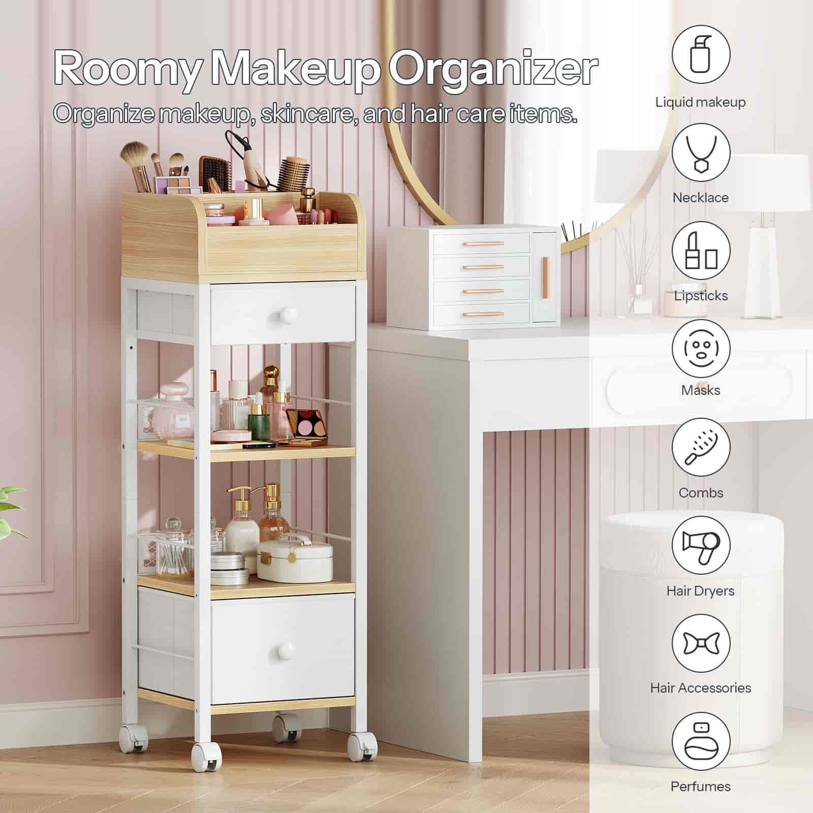 Roomy makeup organizer with shelves and drawers for organizing makeup and skincare items in a room setting.