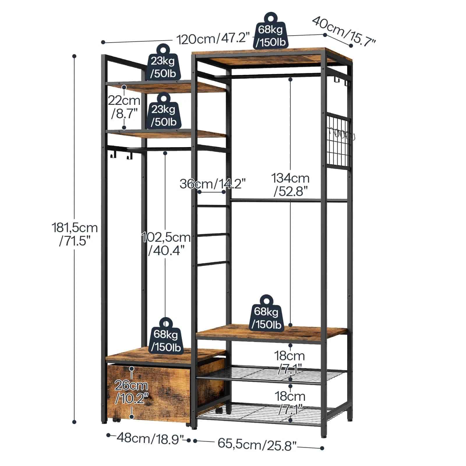 Multilevel shelf with dimensions and weight capacity labels on a white background