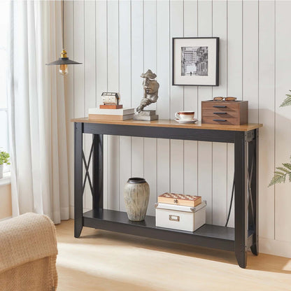 Console table with decorative items against a white paneled wall