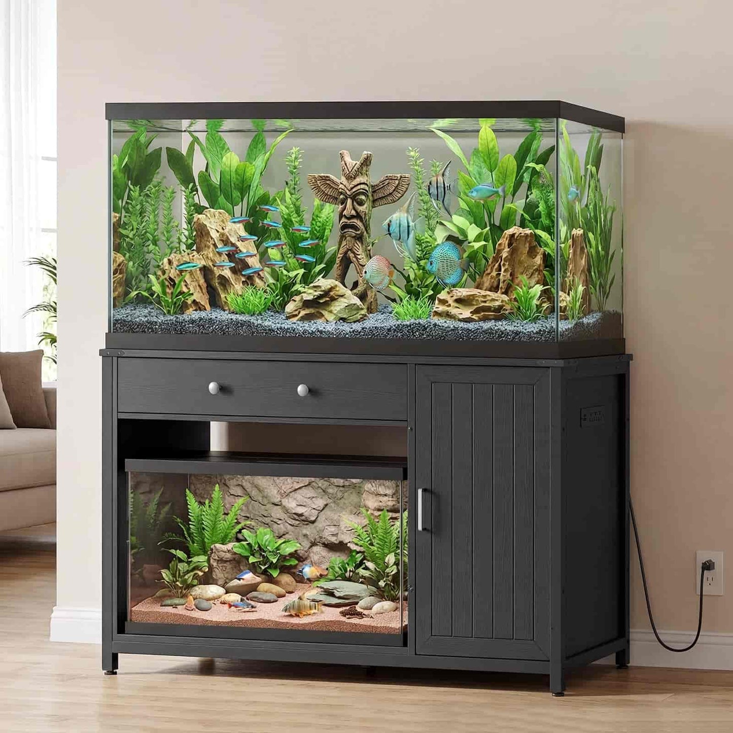 Fish tank with decorative elements on a stand in a room setting