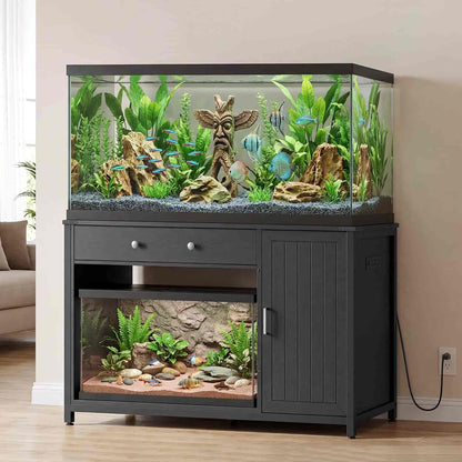 Fish tank with decorative elements on a stand in a room setting