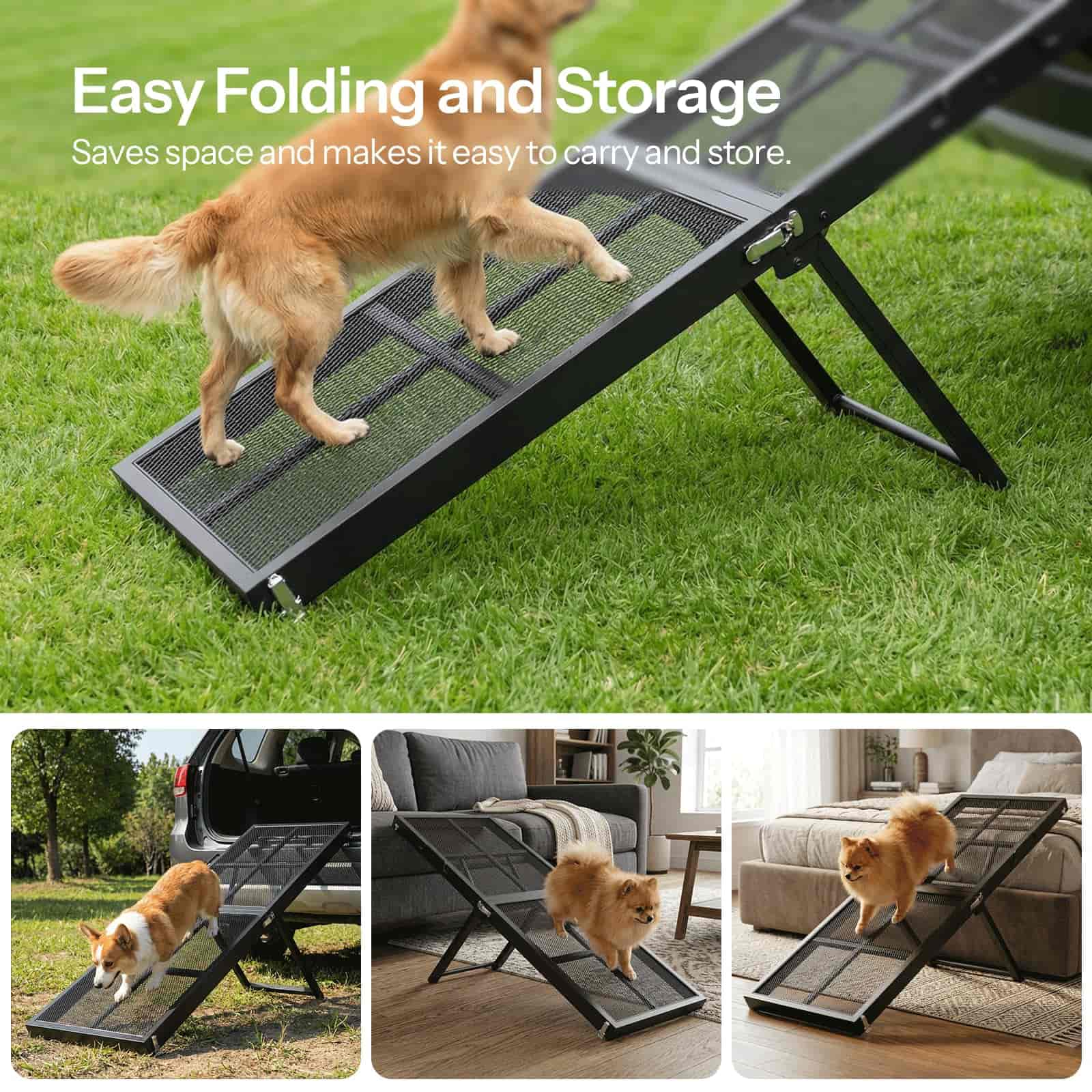 Dog using a black metal ramp on grass with text 'Easy Folding and Storage'.