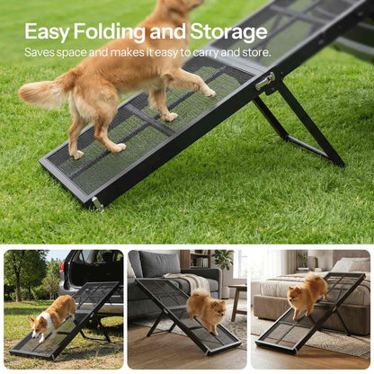 Dog using a black metal ramp on grass with text 'Easy Folding and Storage'.