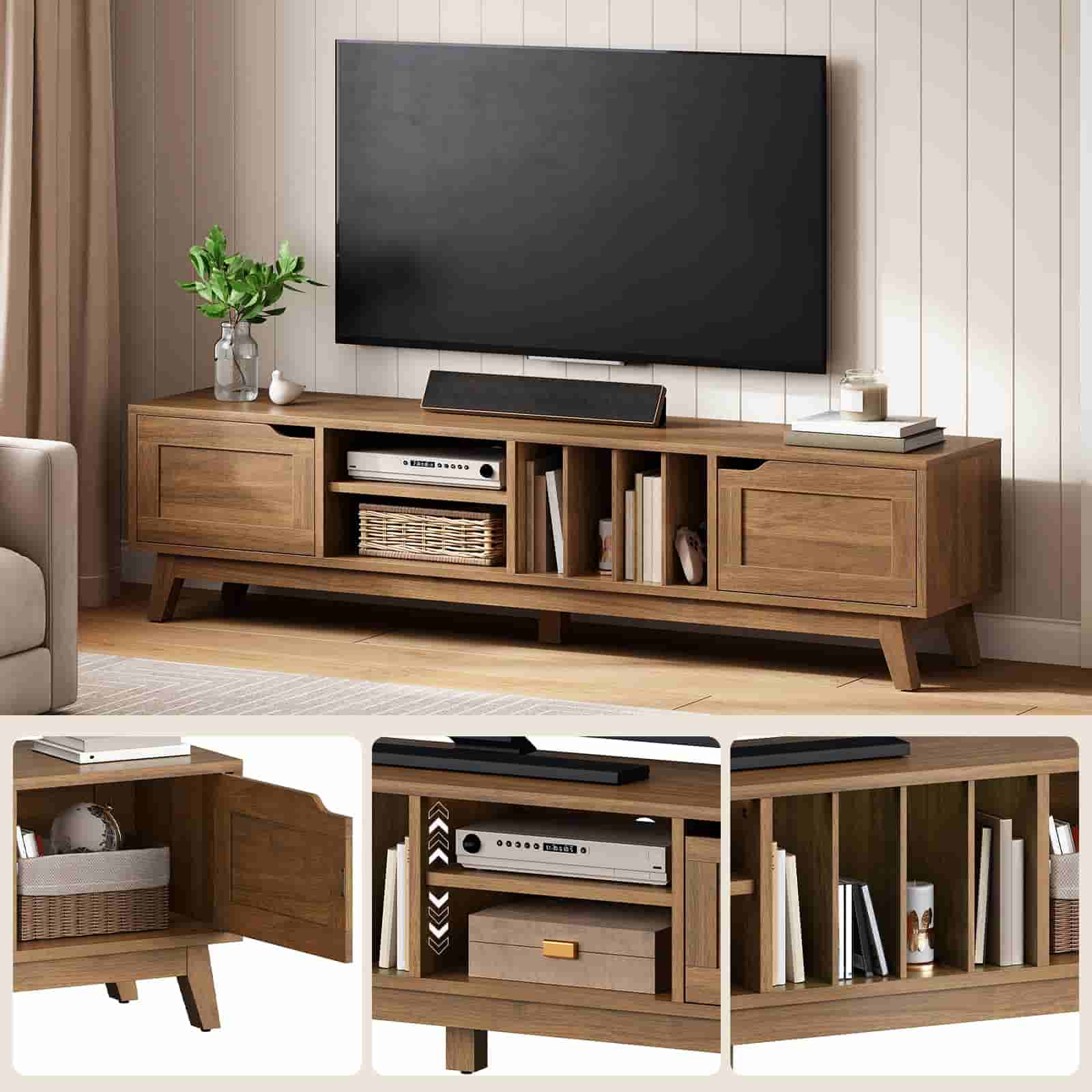 Wooden TV stand with a television mounted on a wall, featuring various compartments and decorative items.