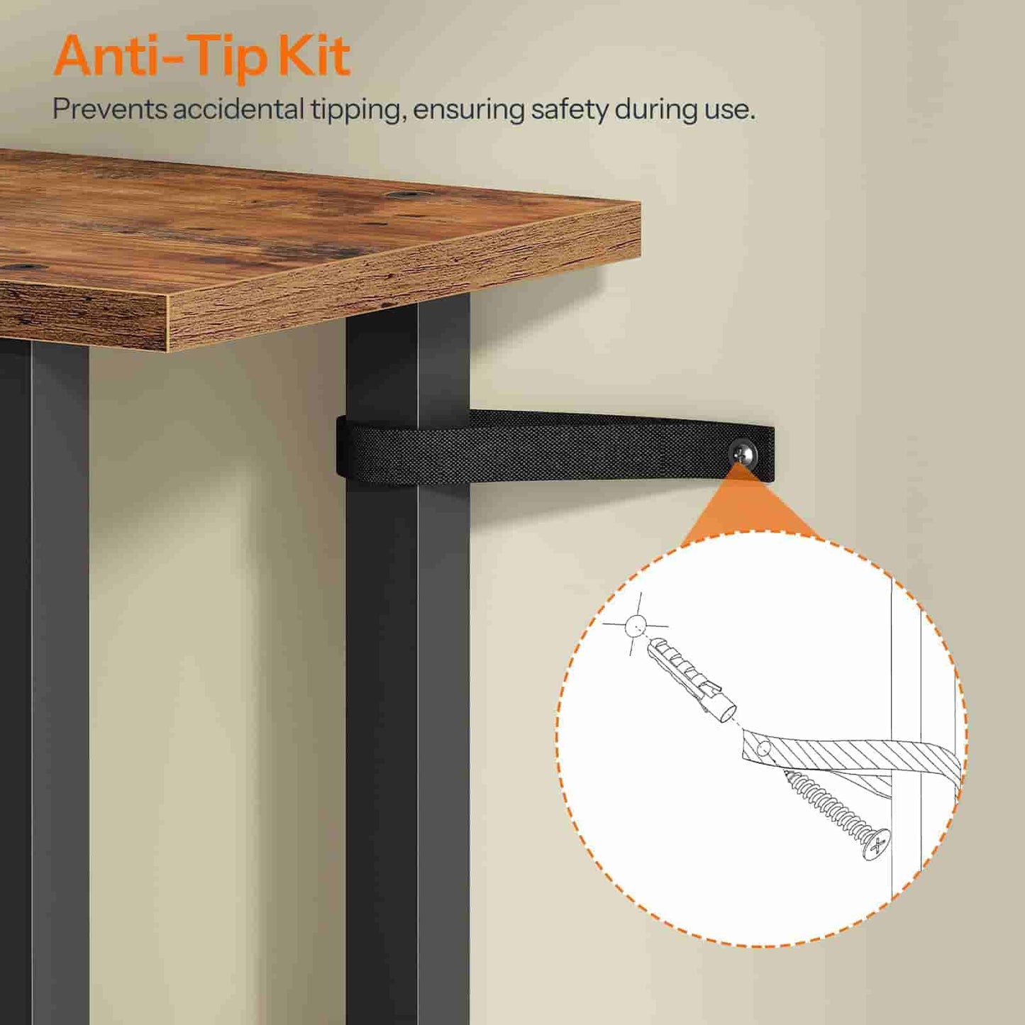 Wooden table with black metal leg and anti-tip kit attachment, on a beige background.