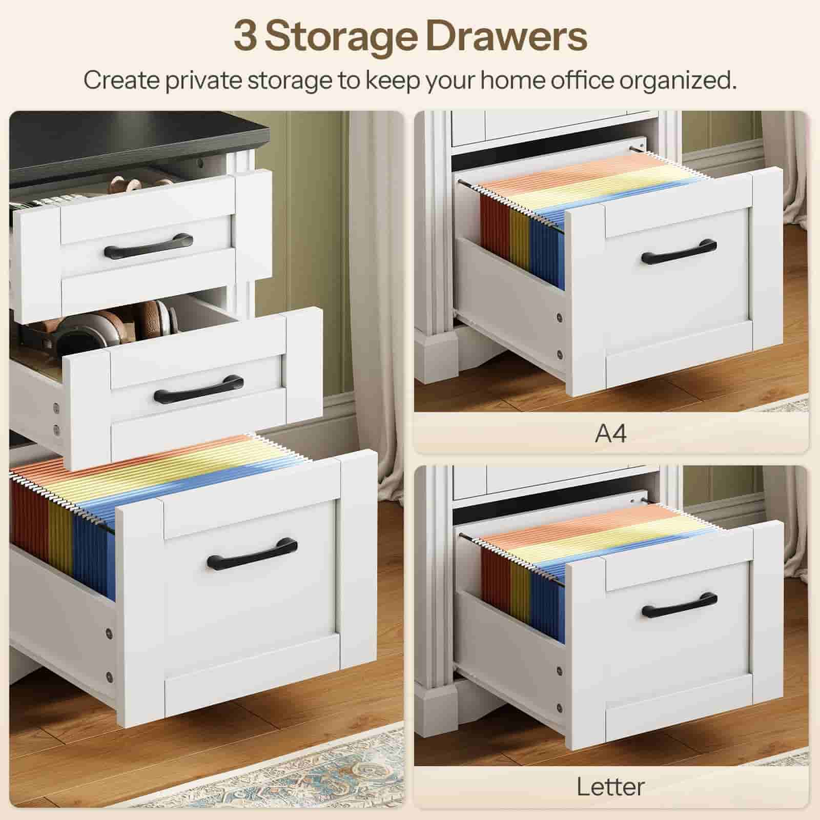 White storage drawers with open compartments on a wooden floor.