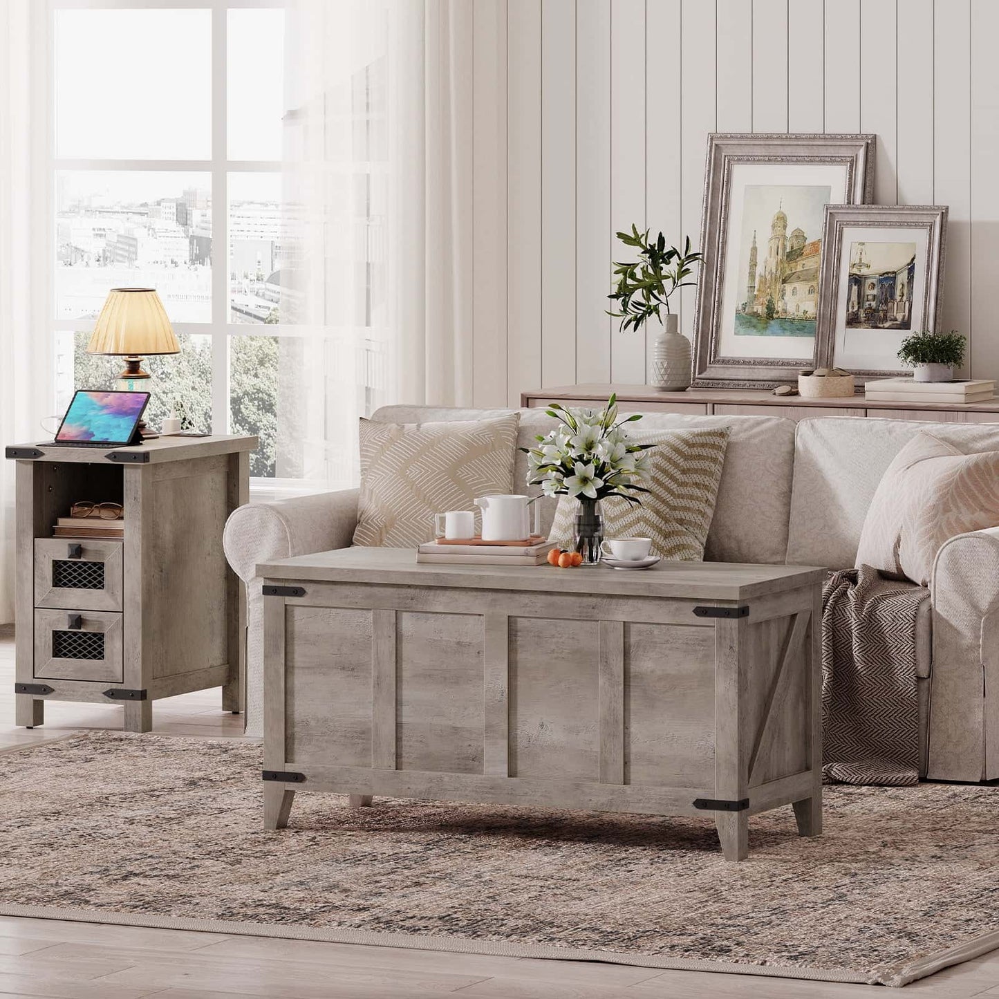 Living room with a gray coffee table, sofa, and side table.