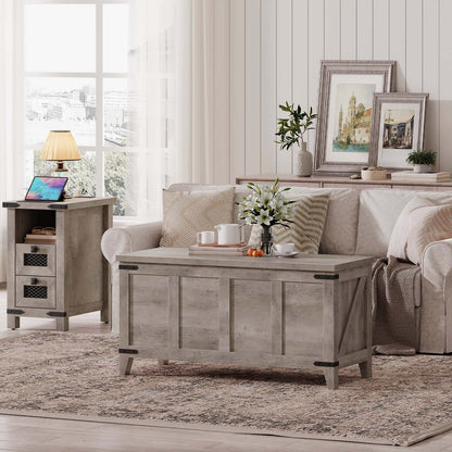 Living room with a gray coffee table, sofa, and side table.