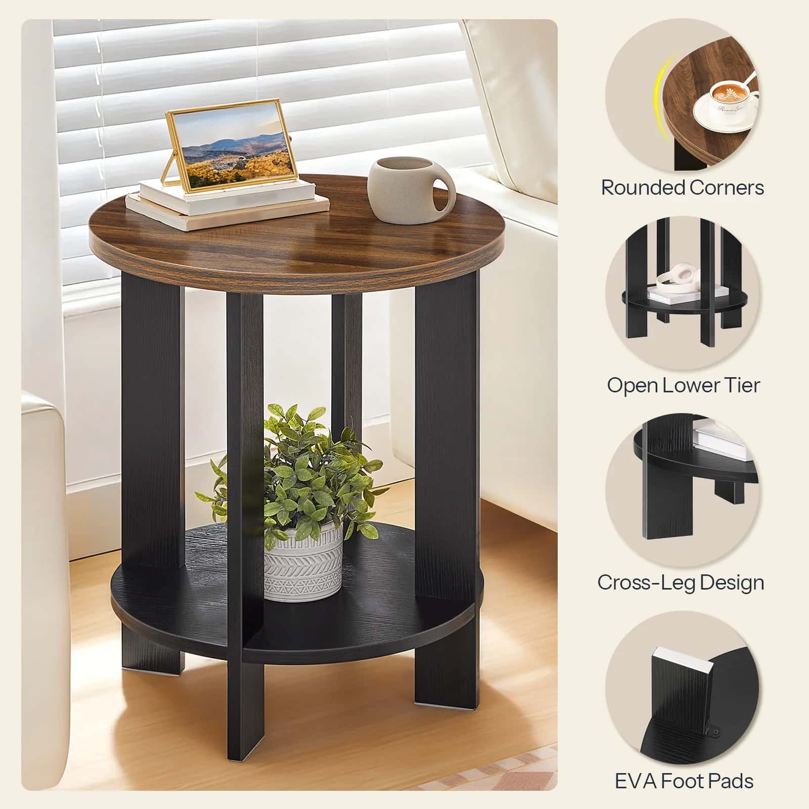 Round wooden side table with black legs in a room setting, featuring rounded corners, open lower tier, cross-leg design, and EVA foot pads.