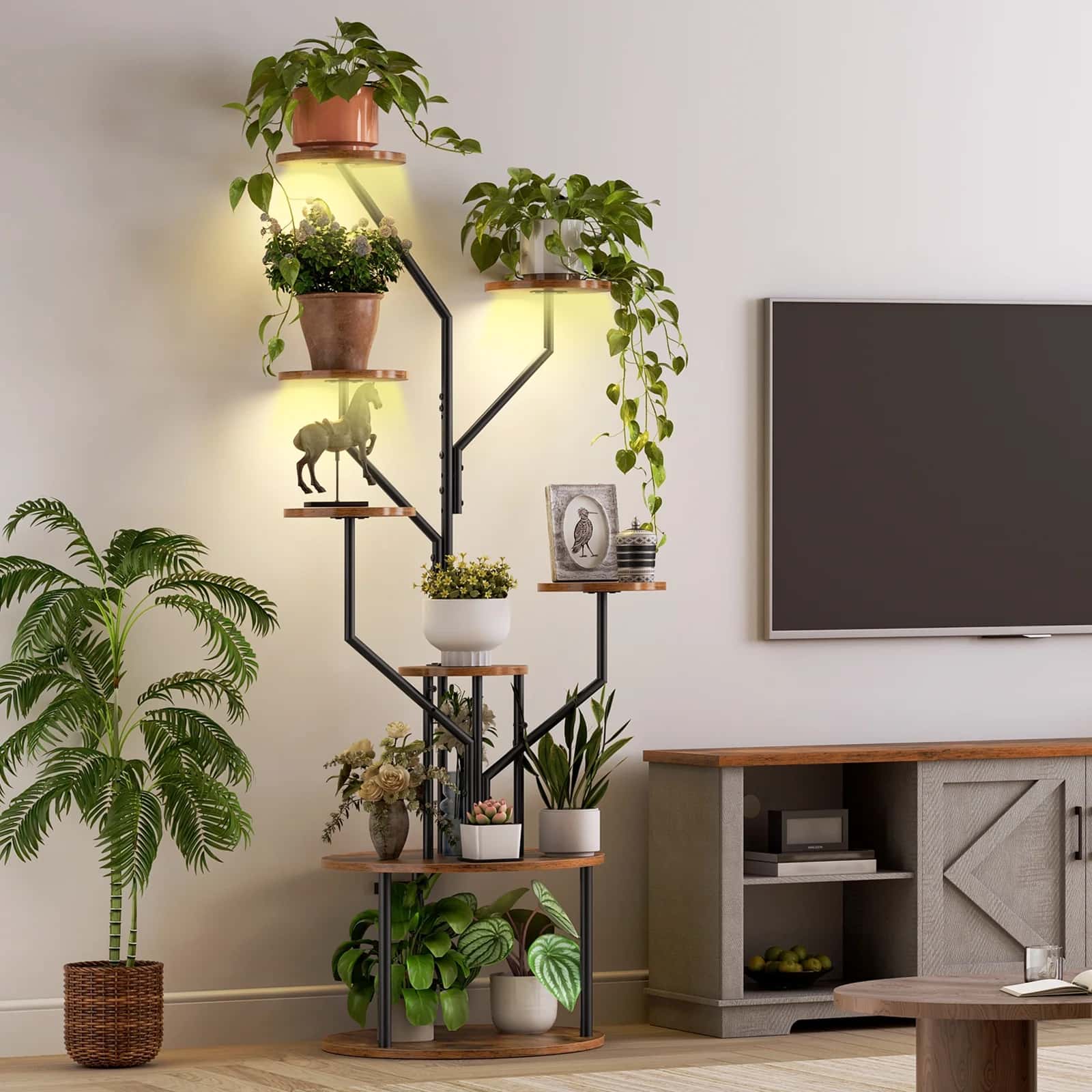 Decorative plant stand with plants in a living room setting