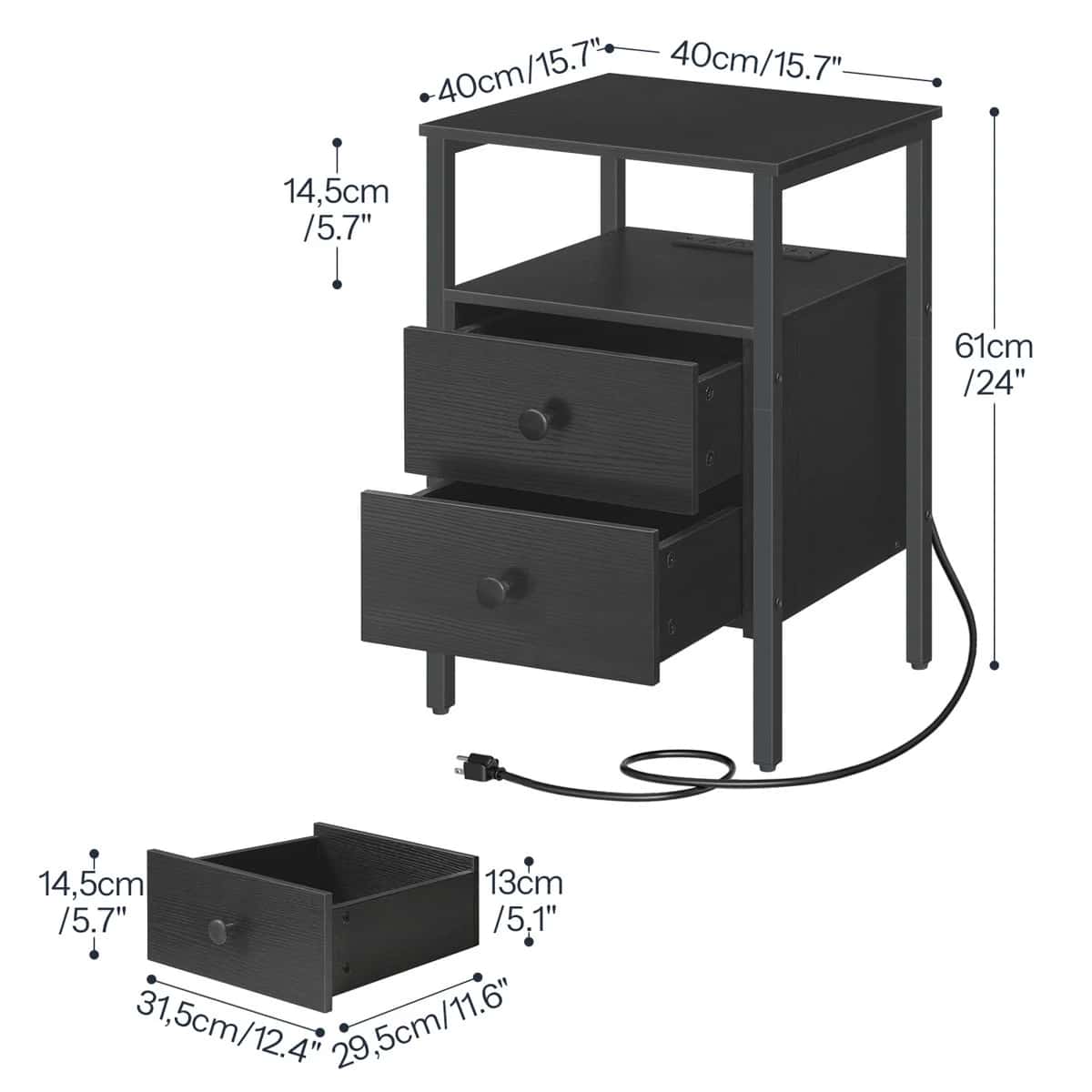 Black nightstand with dimensions labeled on a white background