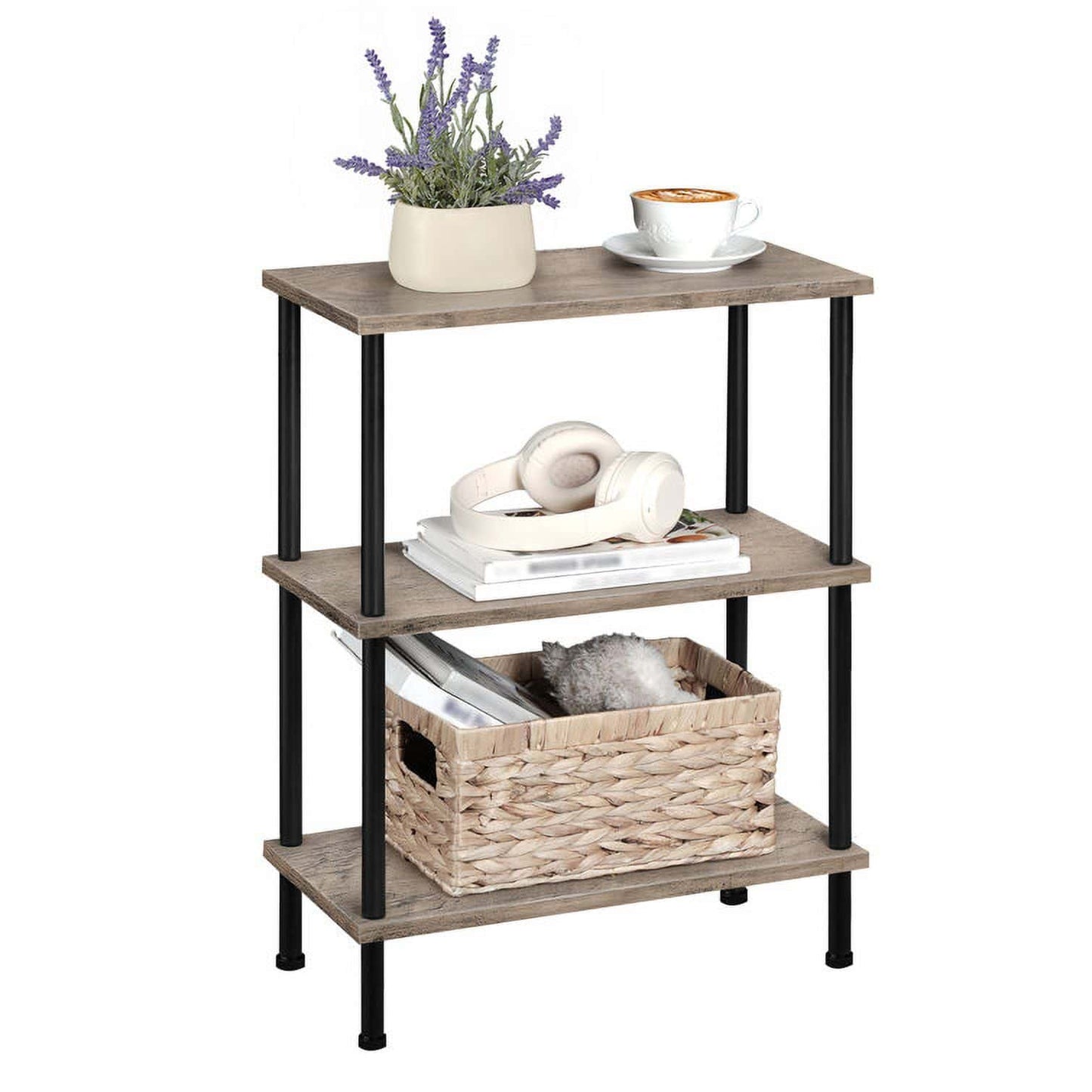 Three-tiered wooden shelf with decorative items on a white background