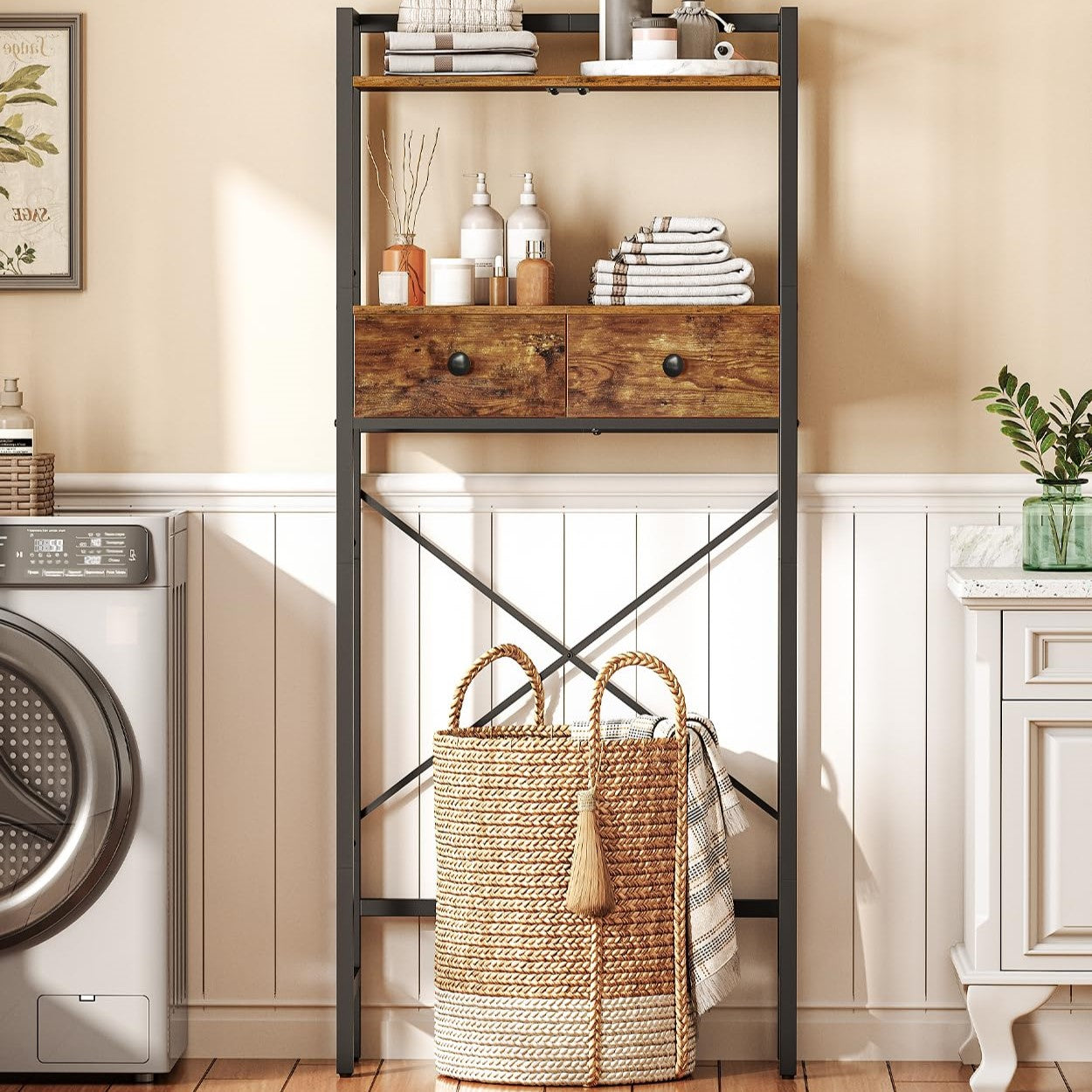 HOOBRO Retro Brown Toilet Above Shelf with 2 Drawers & 3 Shelves Bathroom Storage Rack