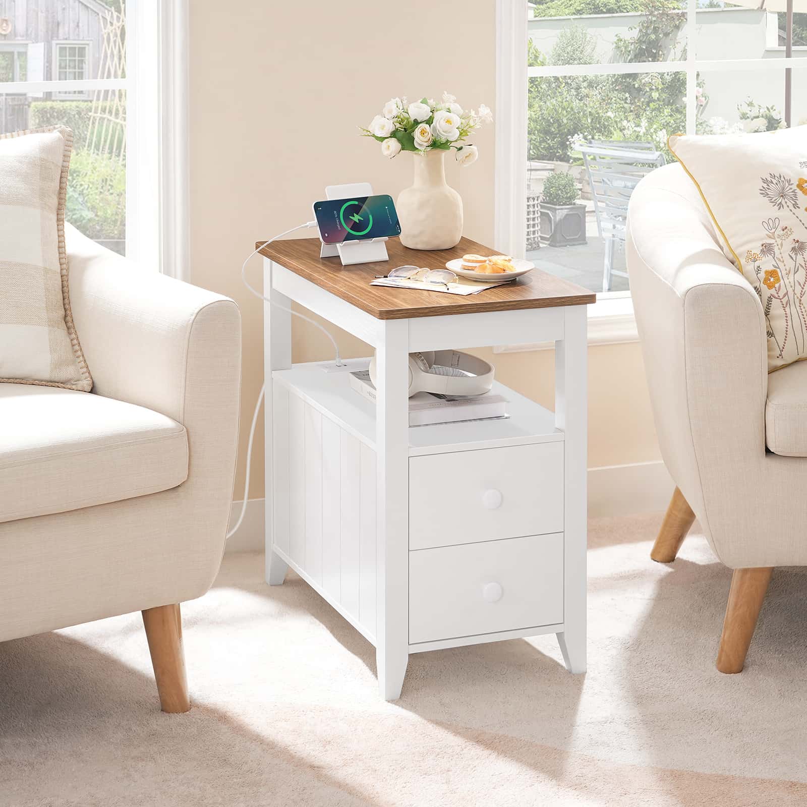 White side table with wooden top in a living room setting