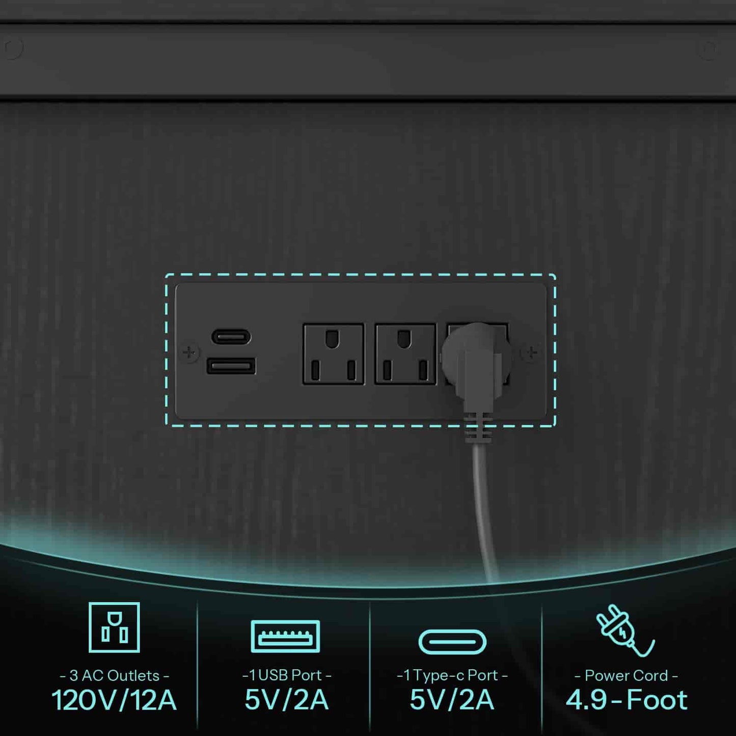 Electrical outlet with multiple ports and a power cord on a dark background