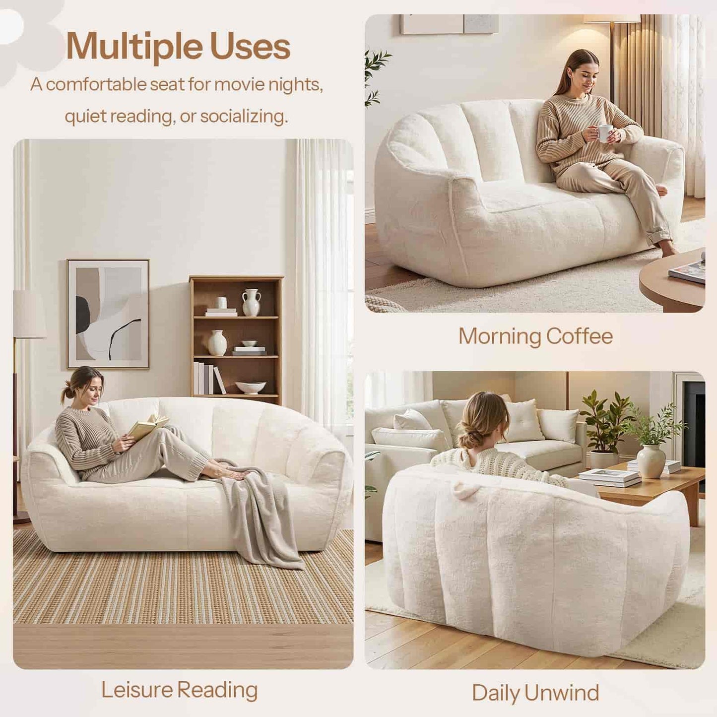 White sofa with multiple uses including movie nights, reading, and socializing in a cozy living room setting.