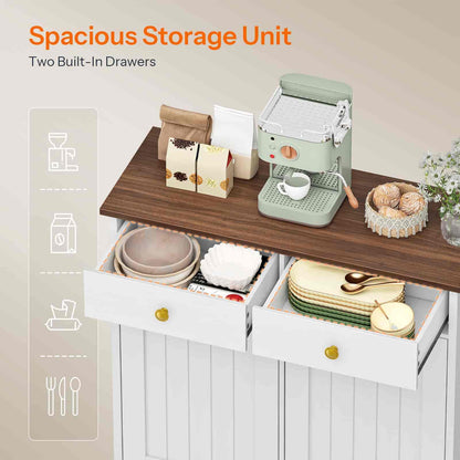 Spacious storage unit with two built-in drawers containing kitchen items, accompanied by a coffee machine.