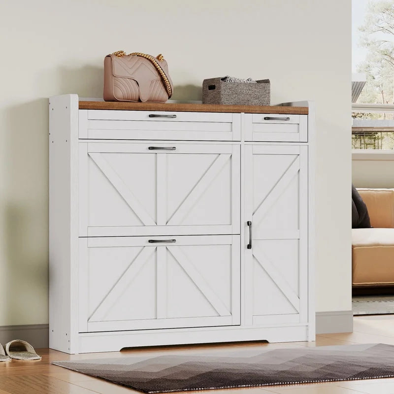 White storage cabinet with wooden top in a room setting