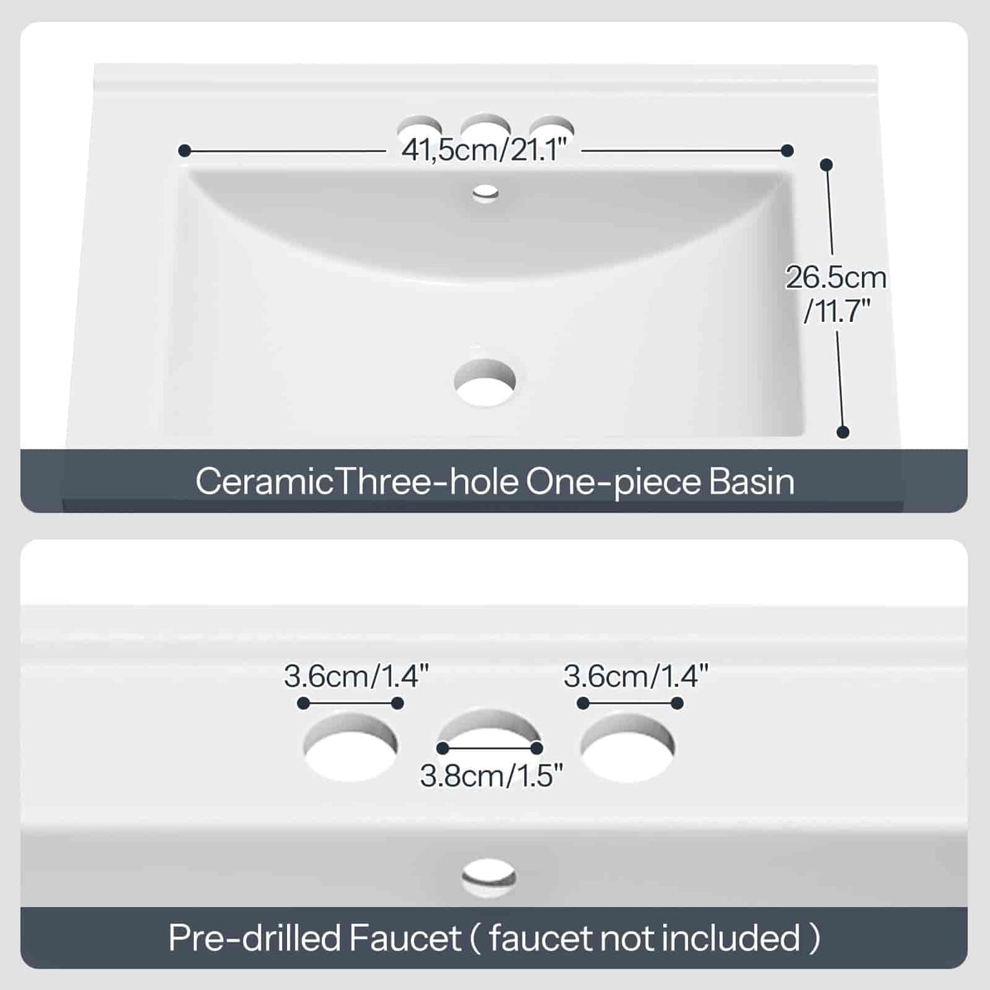 Measurement chart for a ceramic three-hole one-piece basin with pre-drilled faucet holes.