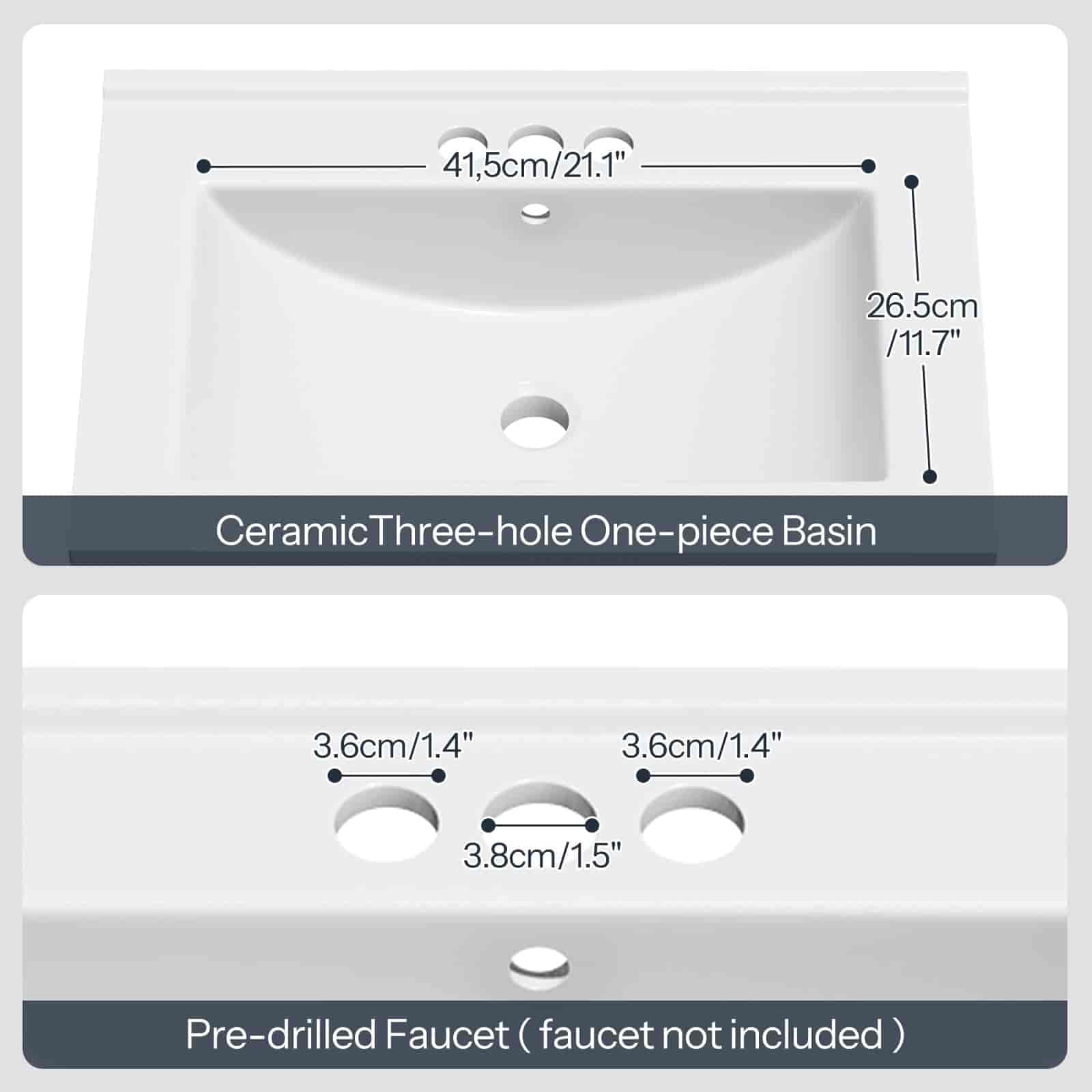 Measurement chart for a ceramic three-hole one-piece basin with pre-drilled faucet holes.