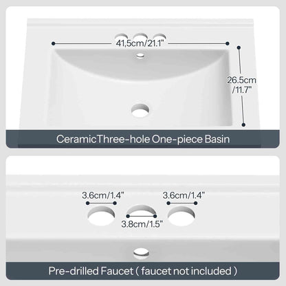 Measurement chart for a ceramic three-hole one-piece basin with pre-drilled faucet holes.