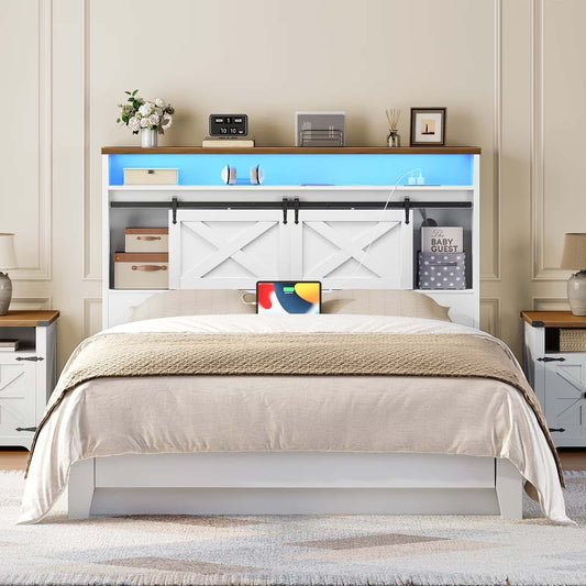 Bedroom with a bed featuring a white headboard with barn door design, beige bedding, and decorative items on a shelf.