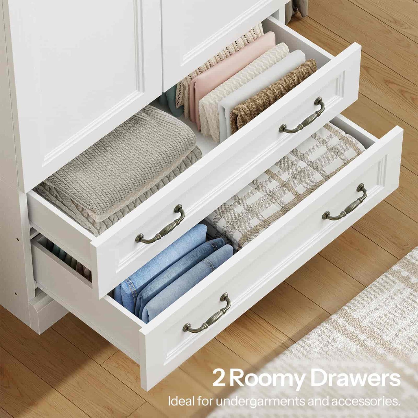 White wardrobe with open drawers containing folded clothes on a wooden floor.