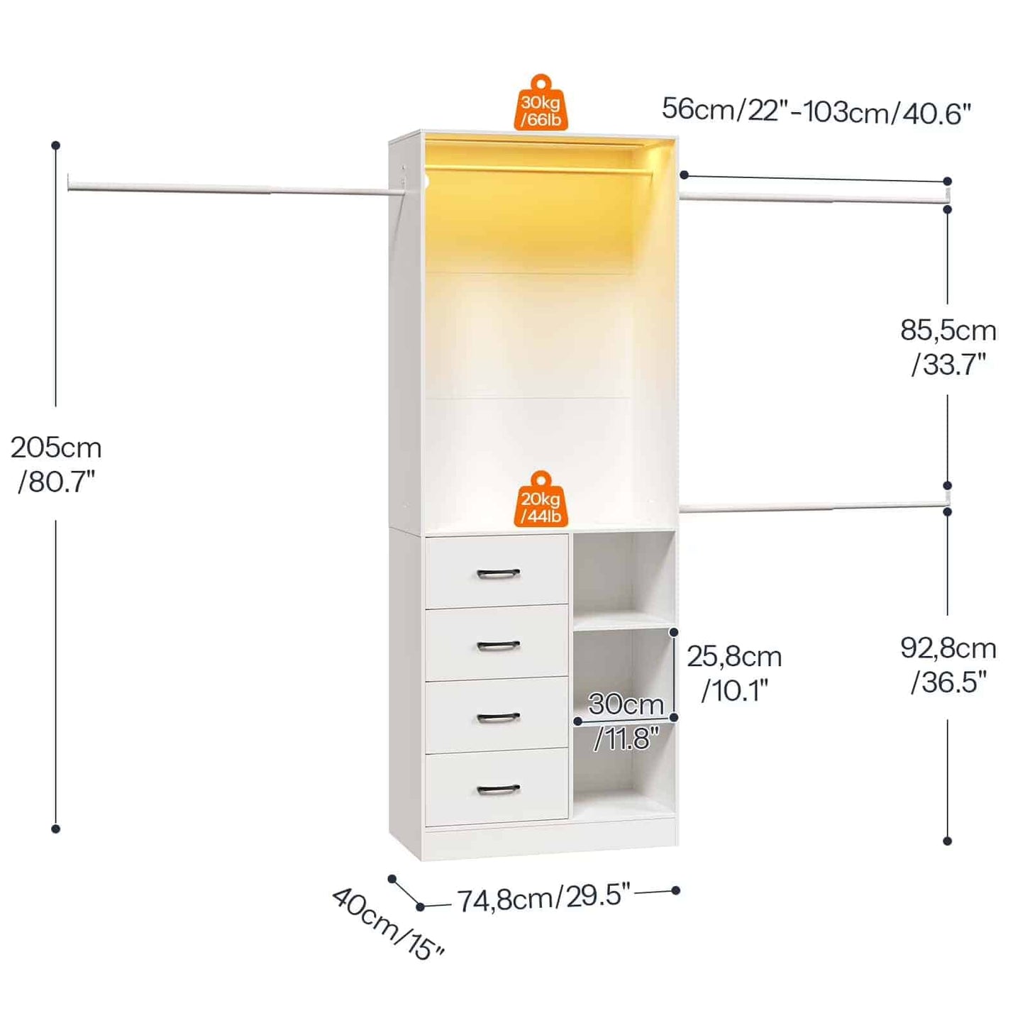 White cabinet with dimensions labeled on a white background
