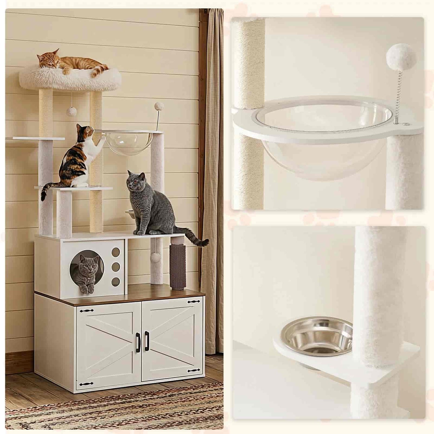 Cat tree with multiple levels and a white cabinet, featuring cats on different levels.