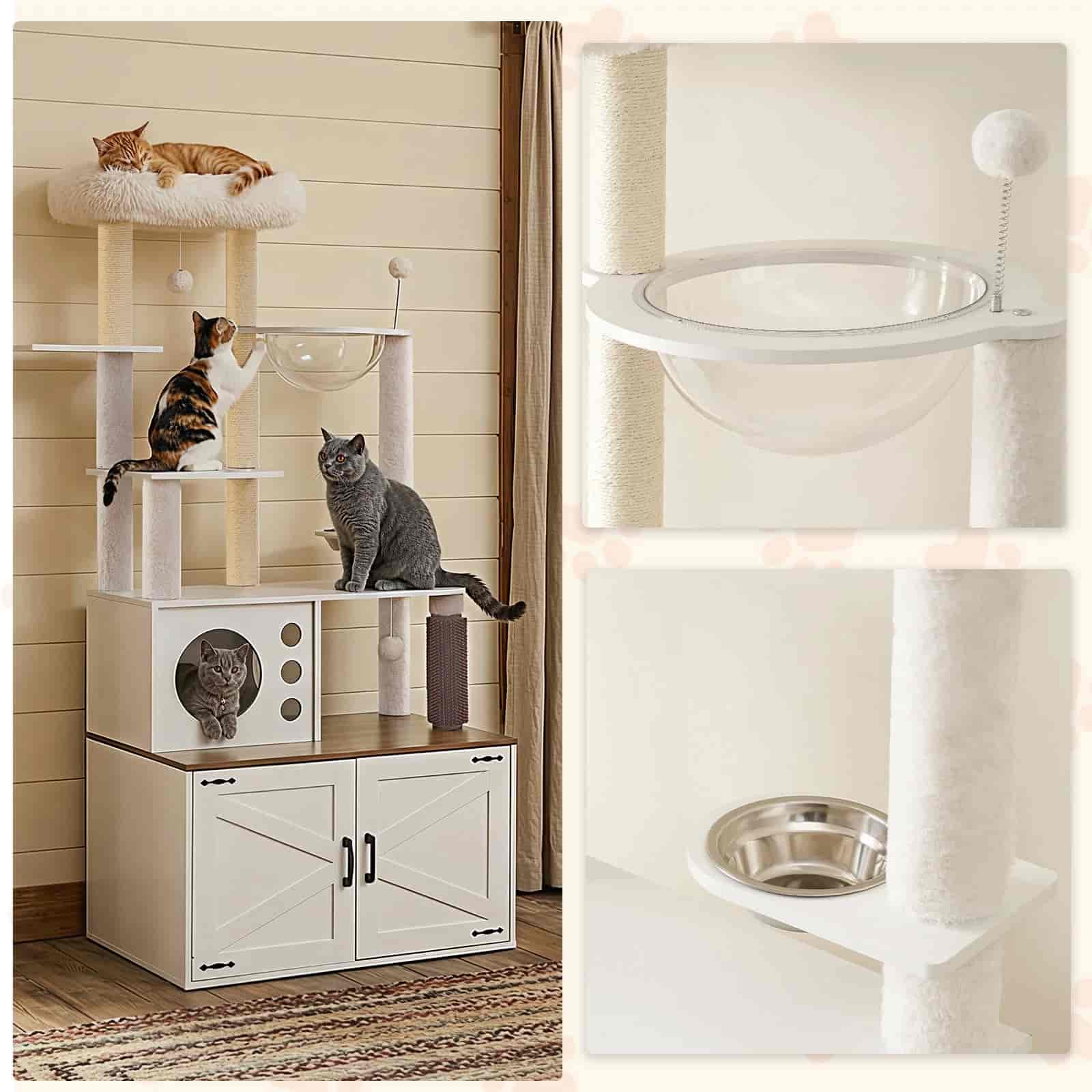 Cat tree with multiple levels and a white cabinet, featuring cats on different levels.