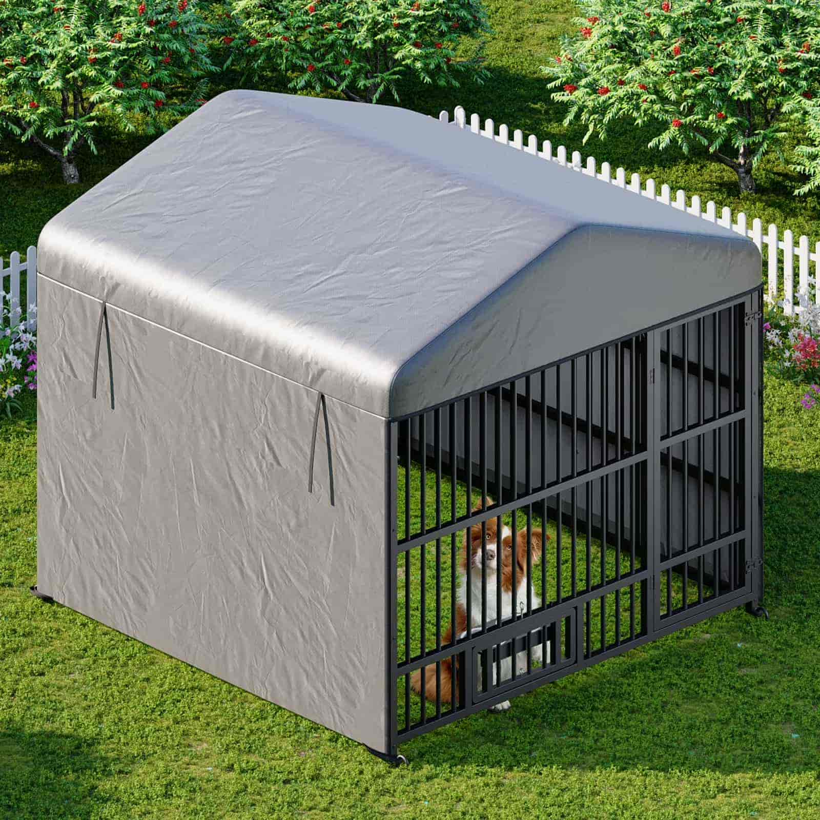 Dog crate with a cover on a grassy area