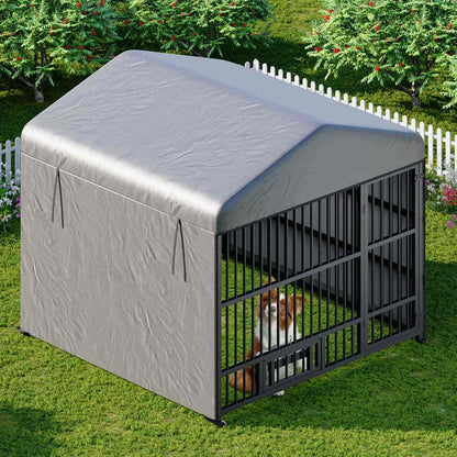 Dog crate with a cover on a grassy area