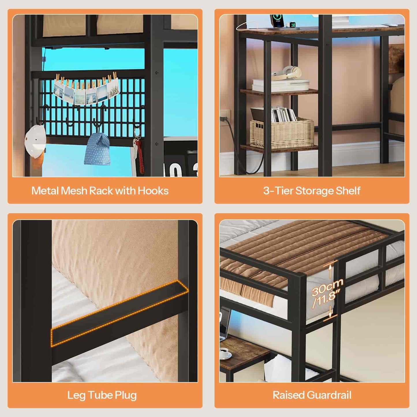 Four product images showing a metal mesh rack with hooks, 3-tier storage shelf, leg tube plug, and raised guardrail.
