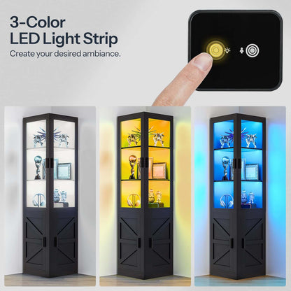 3-color LED light strip control with three different colored lights on a display cabinet.