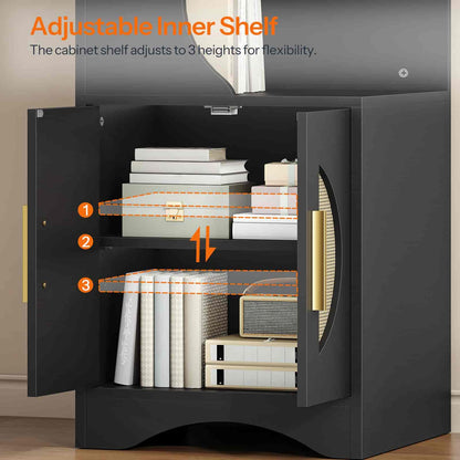 Black cabinet with adjustable inner shelves displaying books and boxes.