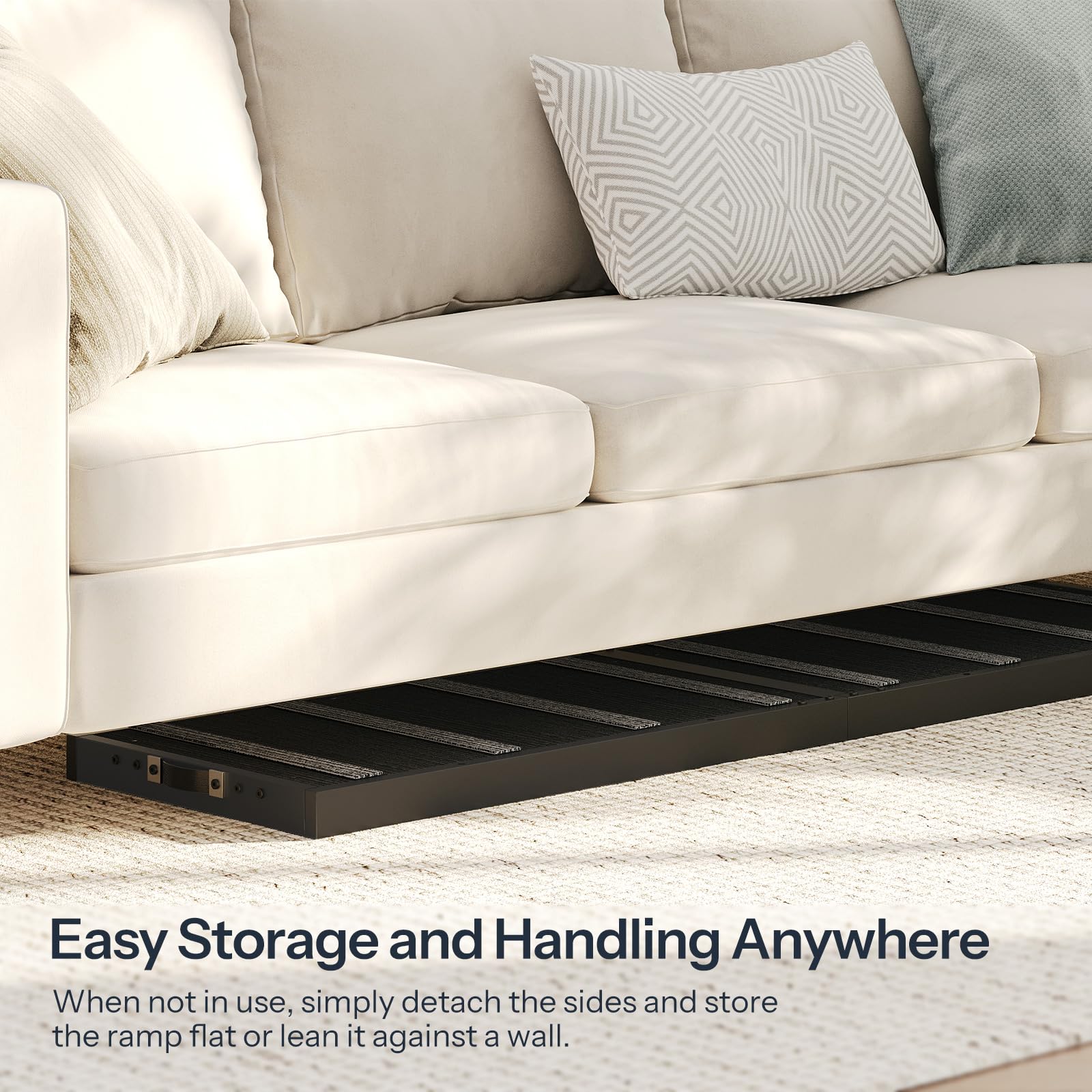 Black storage ramp attached to a beige sofa with text about easy storage and handling.