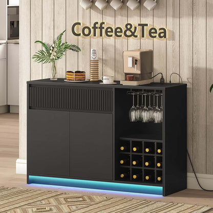 Black bar cabinet with coffee and tea station in a kitchen setting