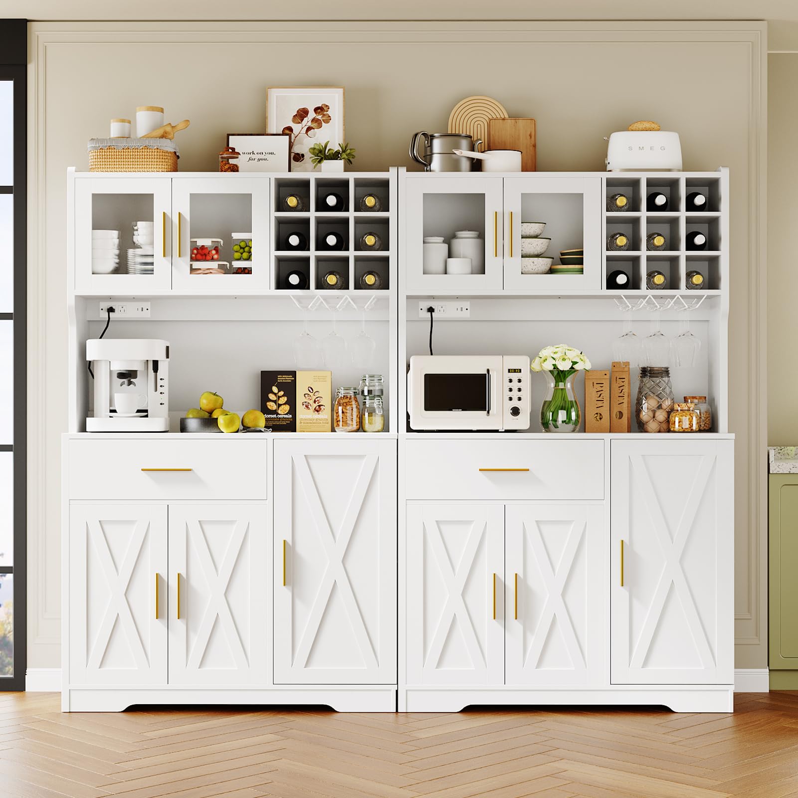 White kitchen cabinet with gold handles and various appliances and decor items.