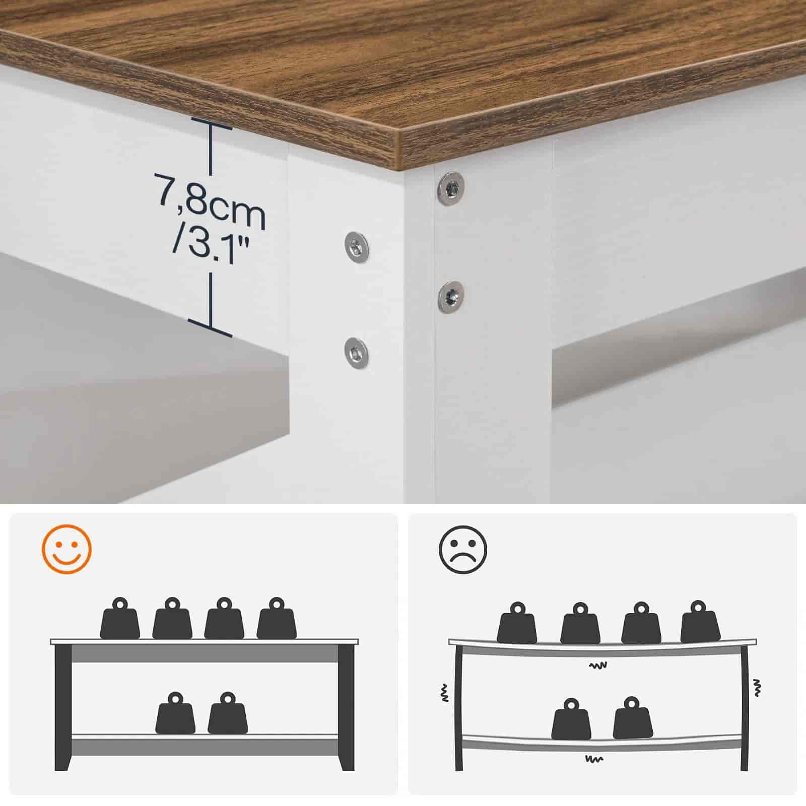 Close-up of a wooden table edge with measurement details and a comparison diagram.