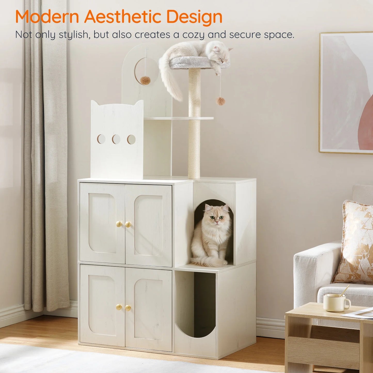 Modern cat tree with a cat sitting on it in a living room setting.