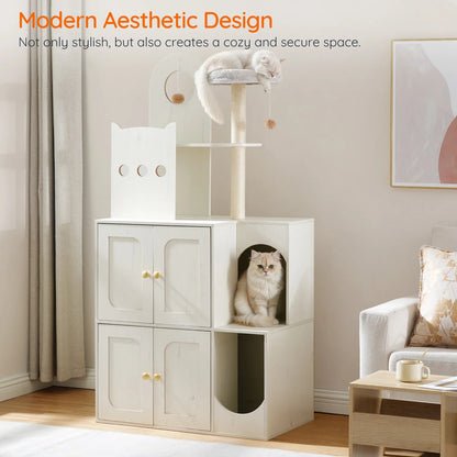 Modern cat tree with a cat sitting on it in a living room setting.