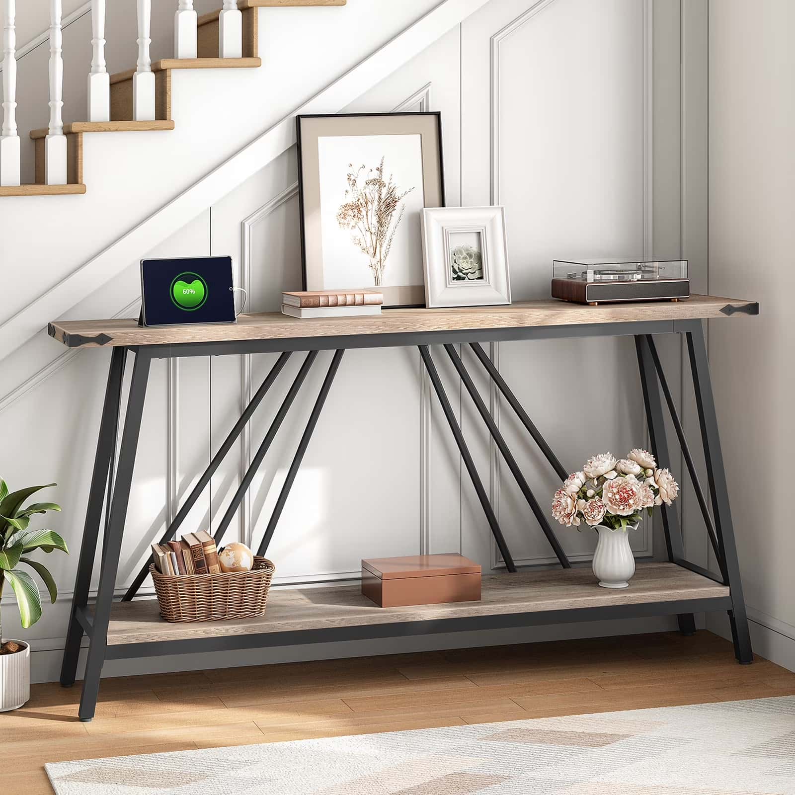 Console table with decorative items in a home setting