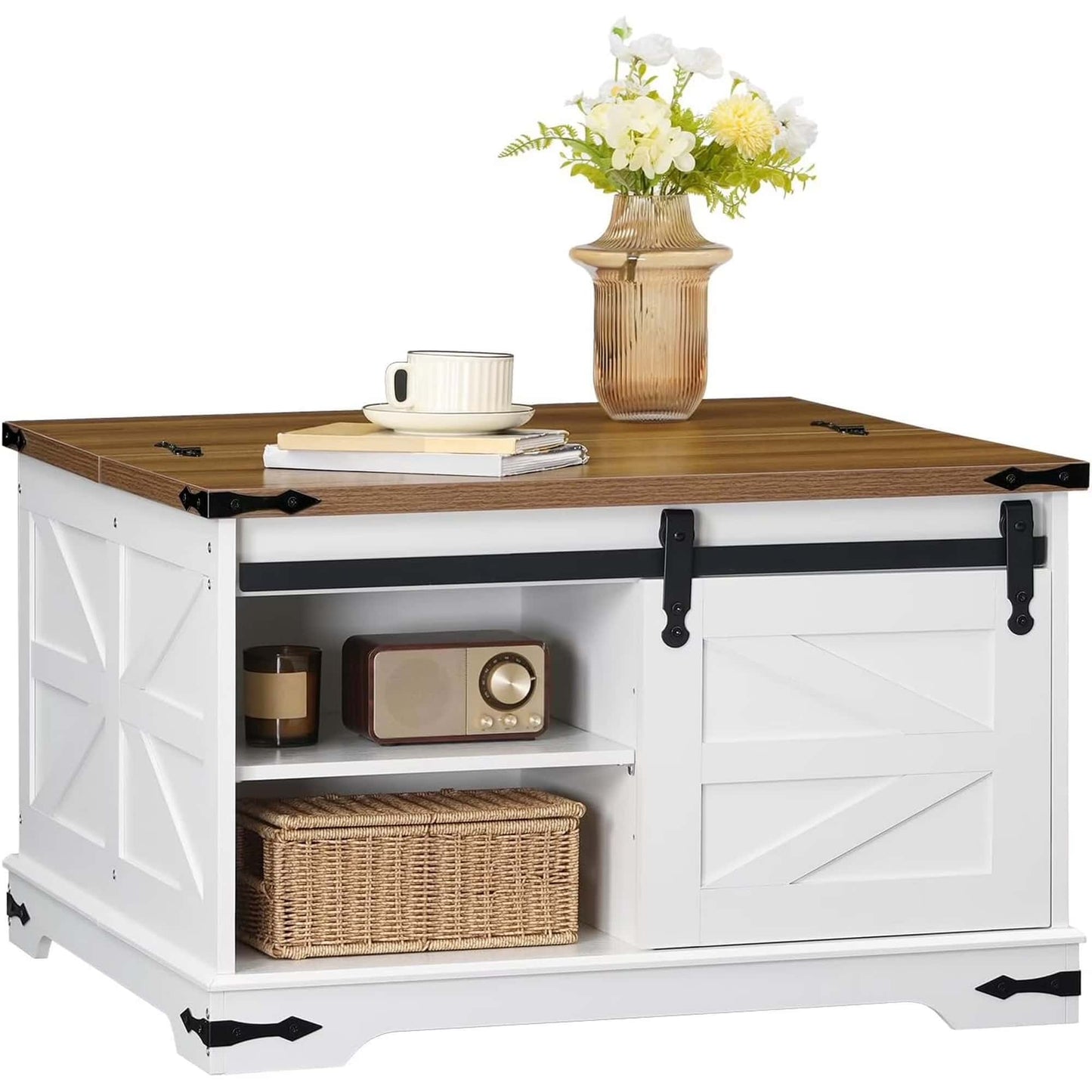White storage bench with wooden top, featuring a vase of flowers, books, and decorative items.
