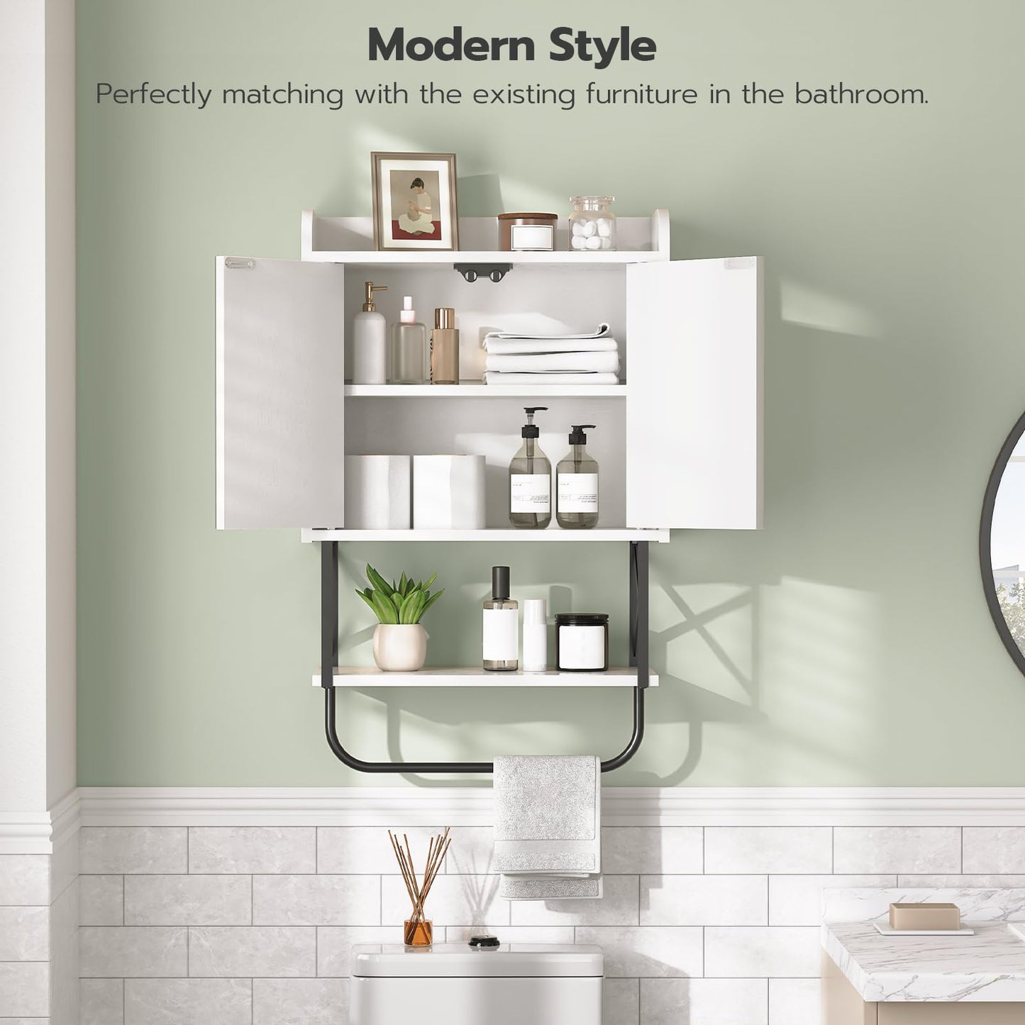 Bathroom with white wall-mounted cabinet and decorative items.