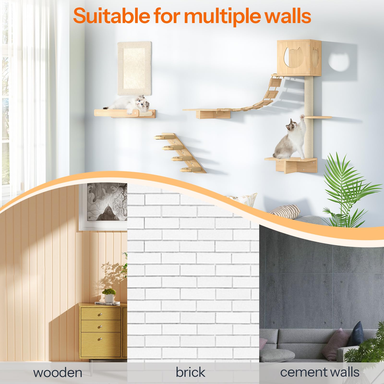 Cat wall shelf system on various wall types with a cat sitting on it.