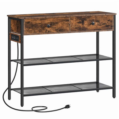 Wooden console table with metal mesh shelves on a white background