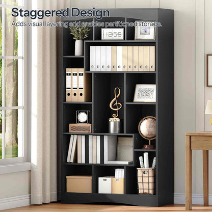 Black bookshelf with various items in a room setting