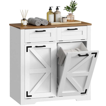 White cabinet with wooden top and open door revealing laundry items on a white background