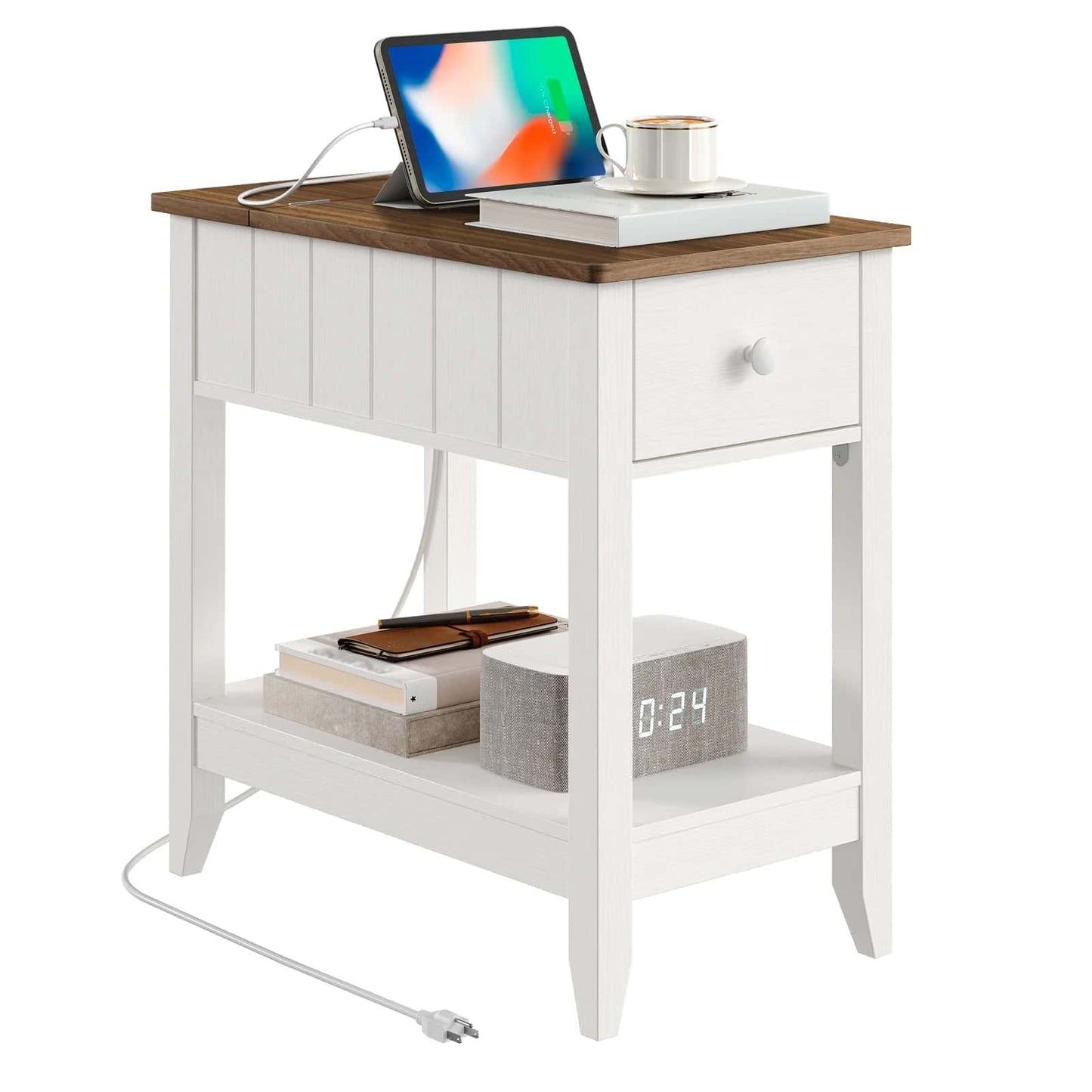 White side table with wooden top, laptop, books, and alarm clock on a white background