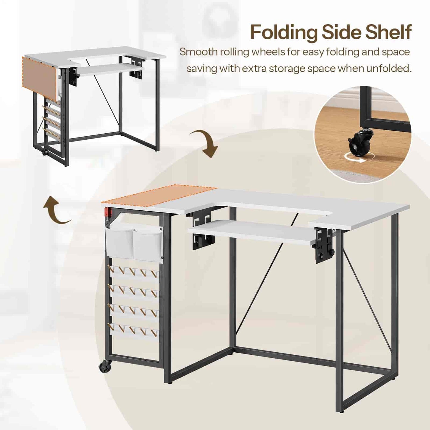 Folding side shelf with smooth rolling wheels for easy folding and additional storage space.